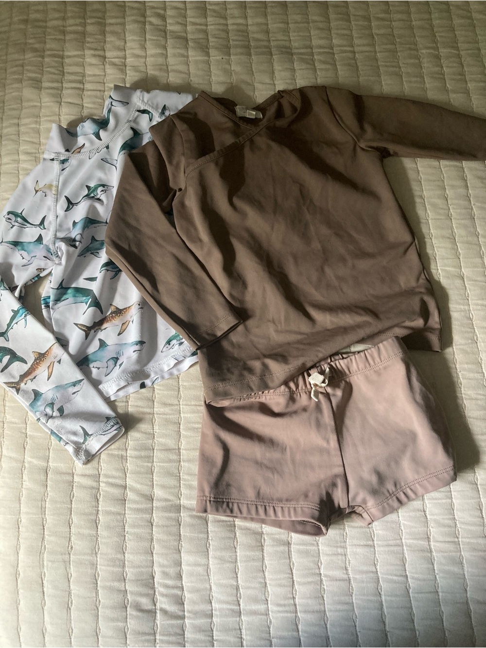 Kids Two-Piece Swim Pajama Set in Neutral Brown with Shark Print